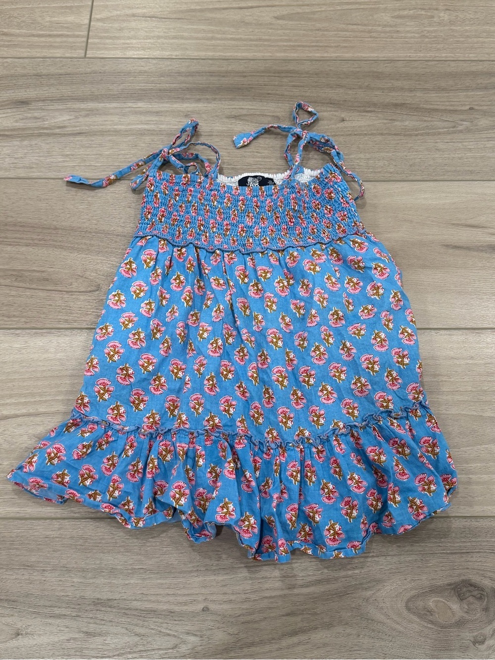 Madison Mathews Smocked Blue Peplum Pink Flowers Tie Straps Size XS